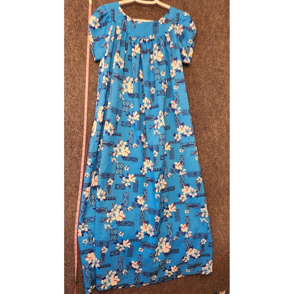 Made In Hawaii Dress Womens 12 Blue Floral Maxi Kaftan Puff Sleeve USA